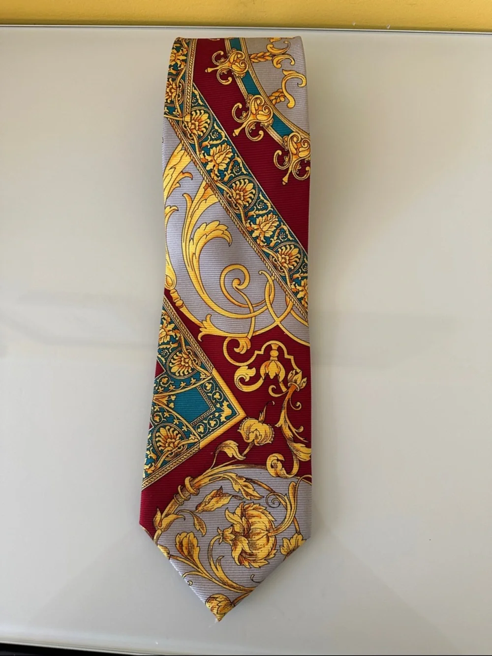 Farentino Ferre Bold Red and Gold Baroque Silk Tie Vintage
